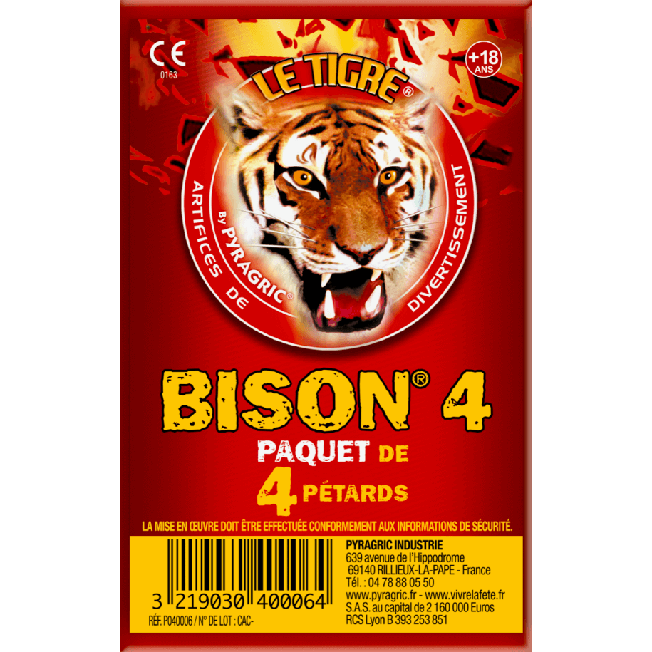 P166107 - Bison N°4 – Paquet de 4 Gros Pétards Énervés Le Tigre Pyragric F2