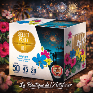 P154877 - Feu d’artifice Fidji 28 coups – 50 sec – Batterie compacte dorée Select Party F2